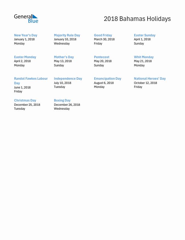 Free printable list of Bahamas holidays for year 2018