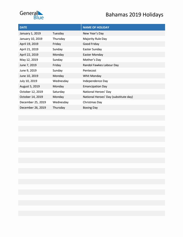 Free printable list of Bahamas holidays for year 2019