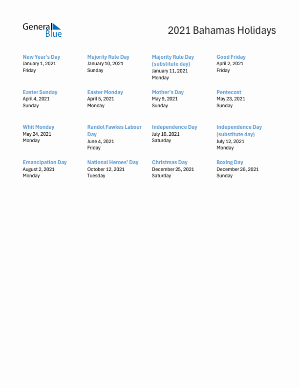 Free printable list of Bahamas holidays for year 2021