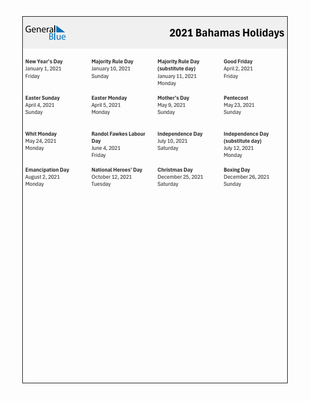 Free printable list of Bahamas holidays for year 2021