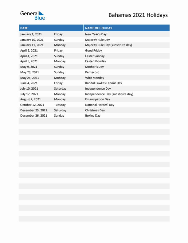 Free printable list of Bahamas holidays for year 2021