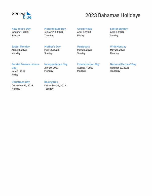 Free printable list of Bahamas holidays for year 2023