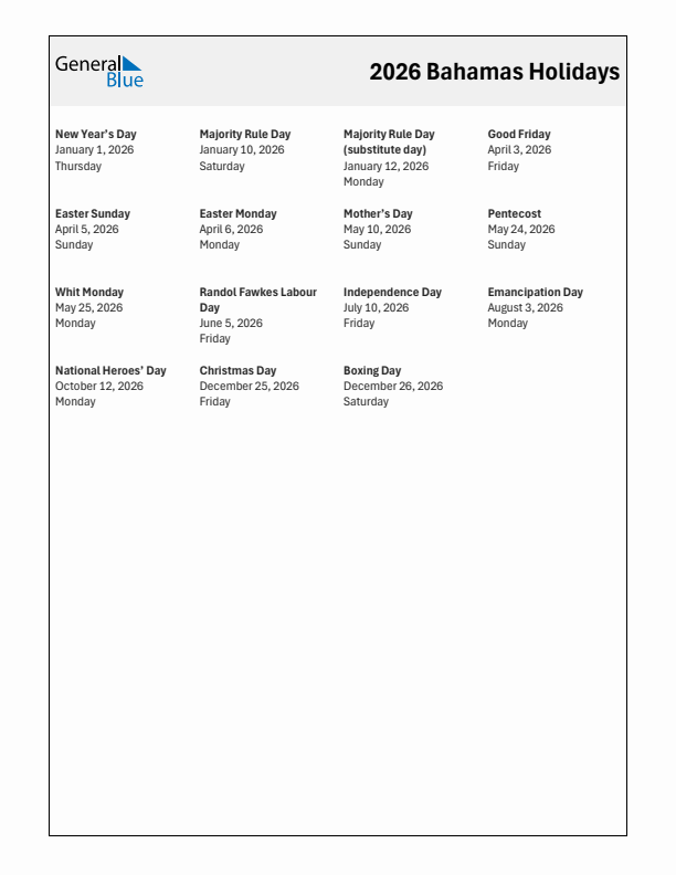 Free printable list of Bahamas holidays for year 2026