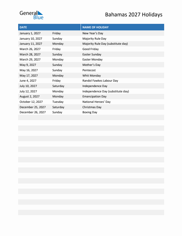 Free printable list of Bahamas holidays for year 2027