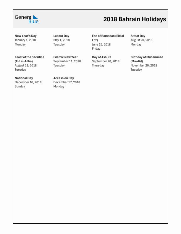 Free printable list of Bahrain holidays for year 2018