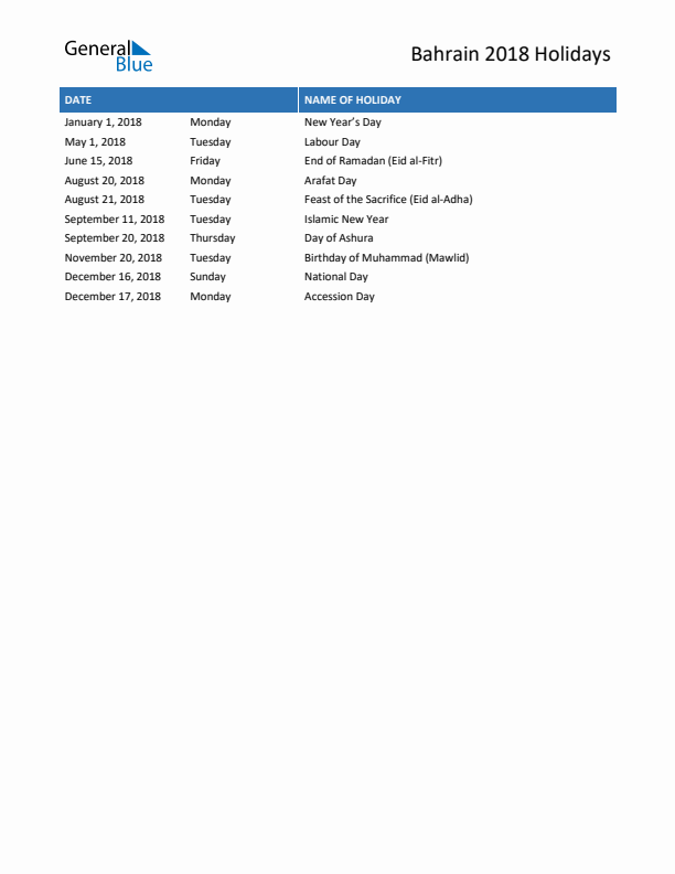 Free printable list of Bahrain holidays for year 2018