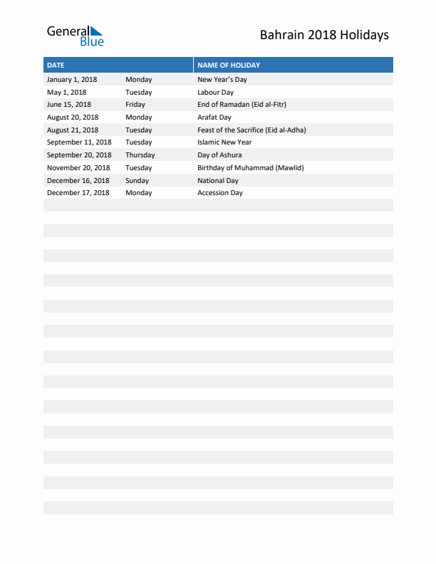 Free printable list of Bahrain holidays for year 2018