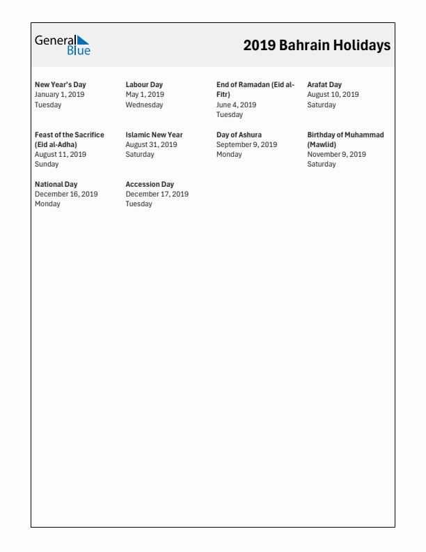 Free printable list of Bahrain holidays for year 2019