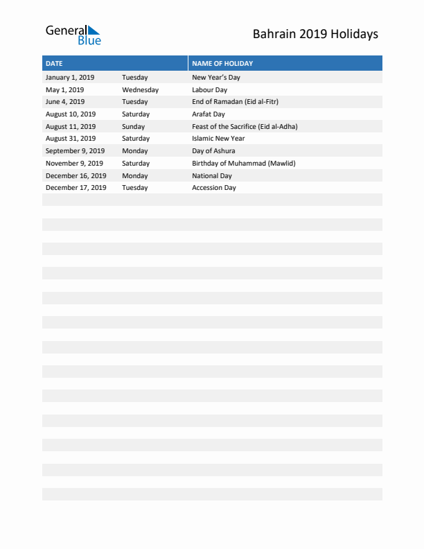 Free printable list of Bahrain holidays for year 2019