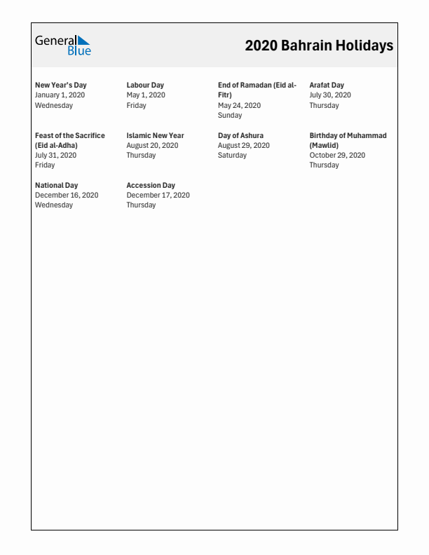 Free printable list of Bahrain holidays for year 2020