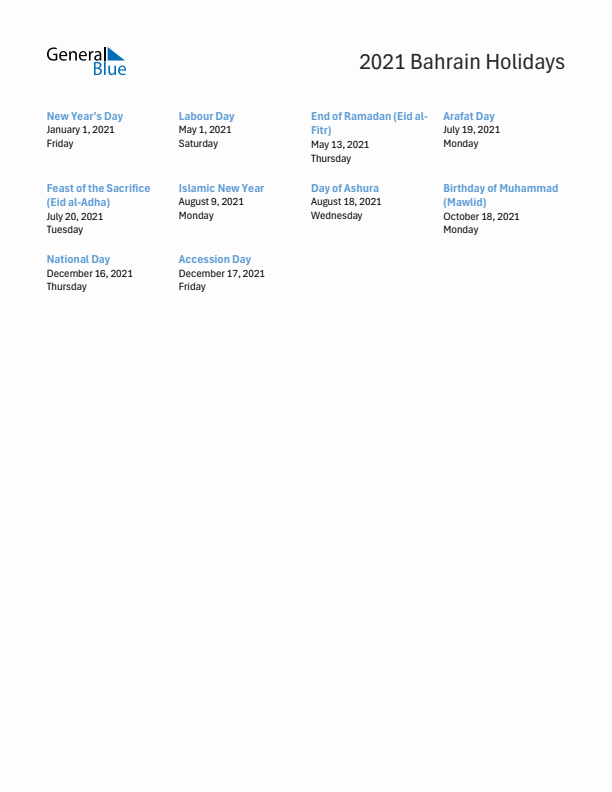 Free printable list of Bahrain holidays for year 2021