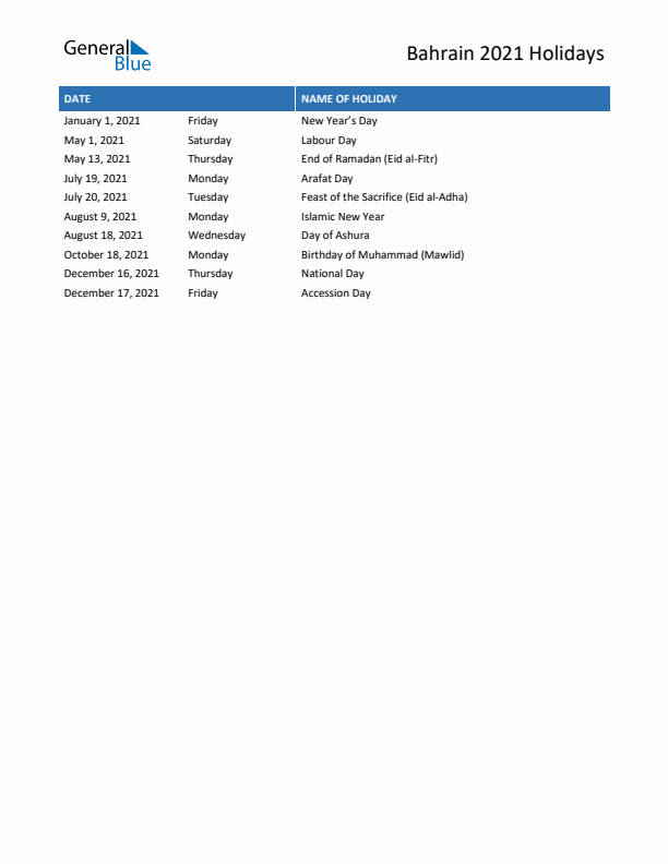 Free printable list of Bahrain holidays for year 2021