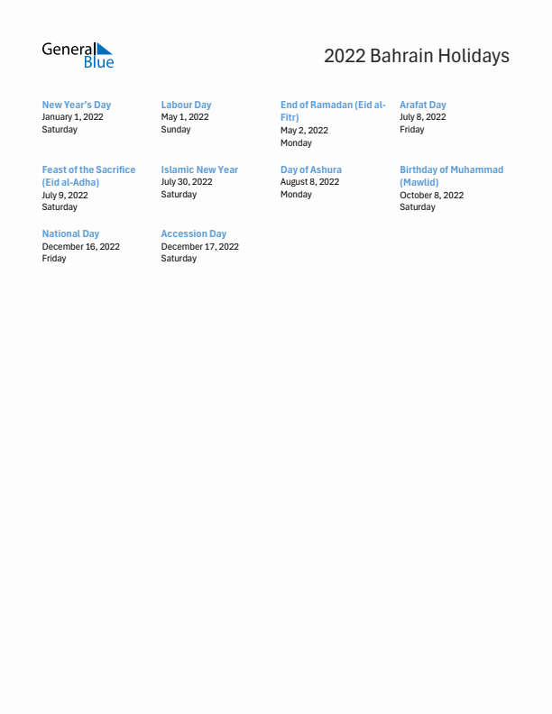 Free printable list of Bahrain holidays for year 2022