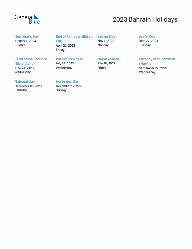 Free printable list of Bahrain holidays for year 2023