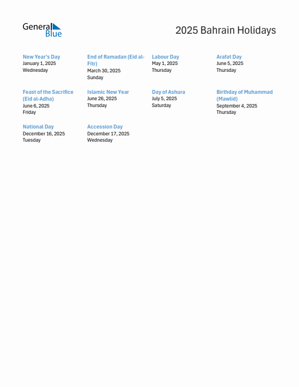 Free printable list of Bahrain holidays for year 2025
