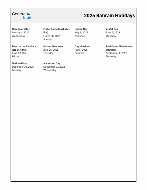 Free printable list of Bahrain holidays for year 2025