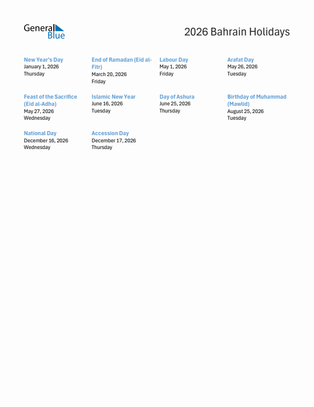 Free printable list of Bahrain holidays for year 2026