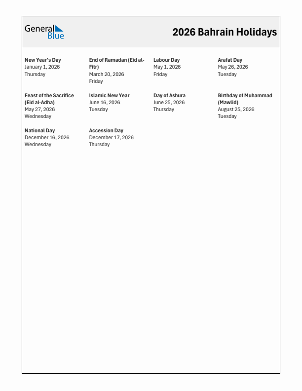 Free printable list of Bahrain holidays for year 2026