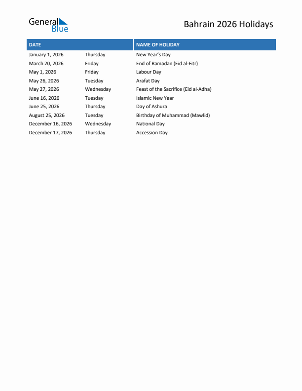 Free printable list of Bahrain holidays for year 2026