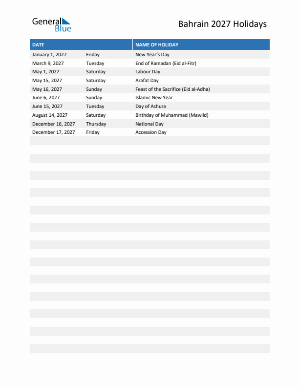 Free printable list of Bahrain holidays for year 2027