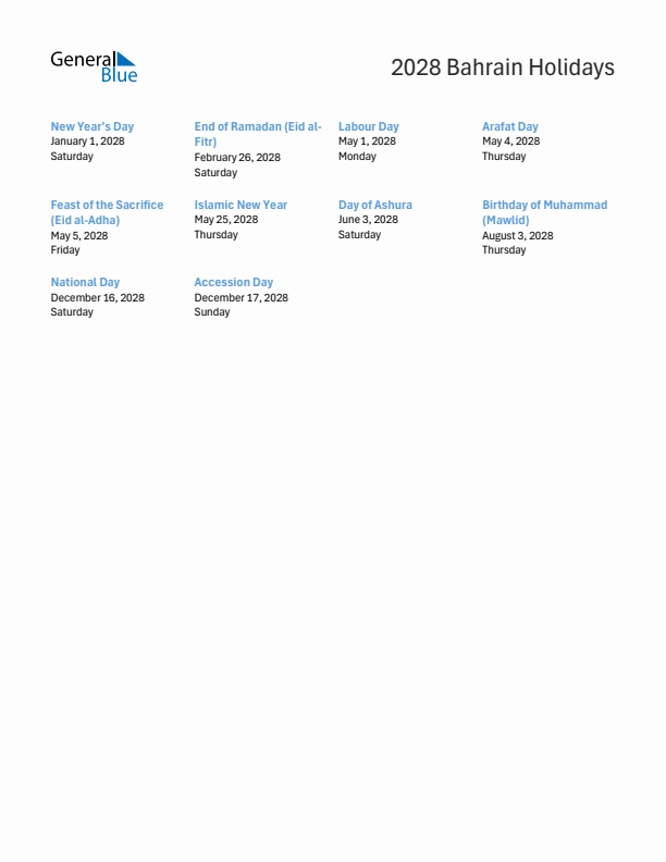 Free printable list of Bahrain holidays for year 2028