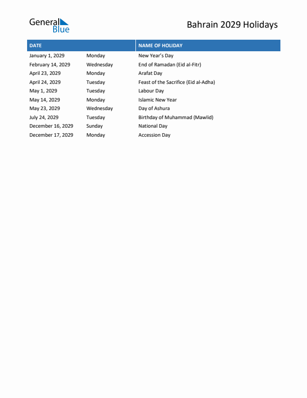 Free printable list of Bahrain holidays for year 2029