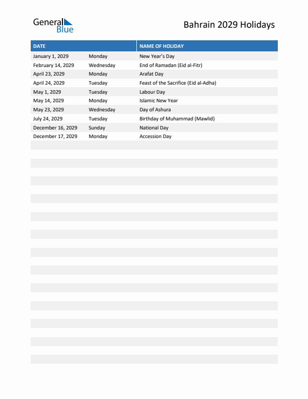 Free printable list of Bahrain holidays for year 2029