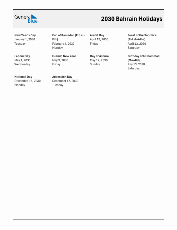 Free printable list of Bahrain holidays for year 2030