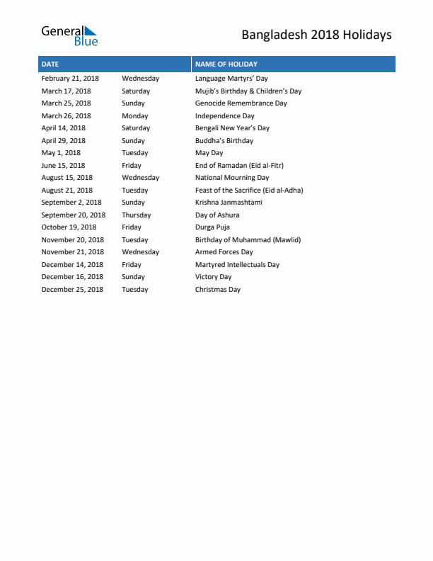 Free printable list of Bangladesh holidays for year 2018