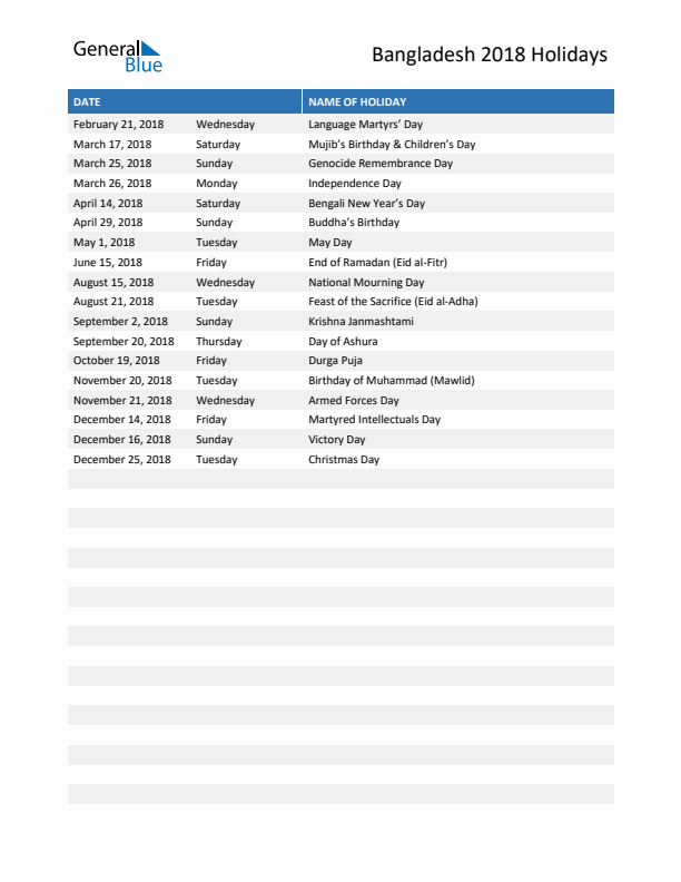 Free printable list of Bangladesh holidays for year 2018