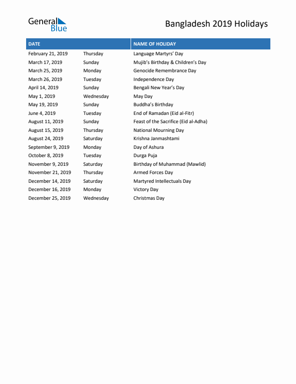 Free printable list of Bangladesh holidays for year 2019