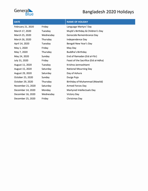 Free printable list of Bangladesh holidays for year 2020