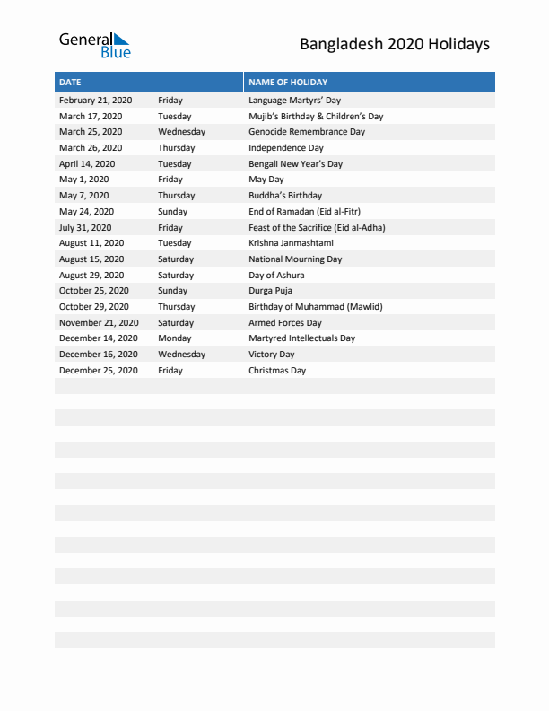 Free printable list of Bangladesh holidays for year 2020