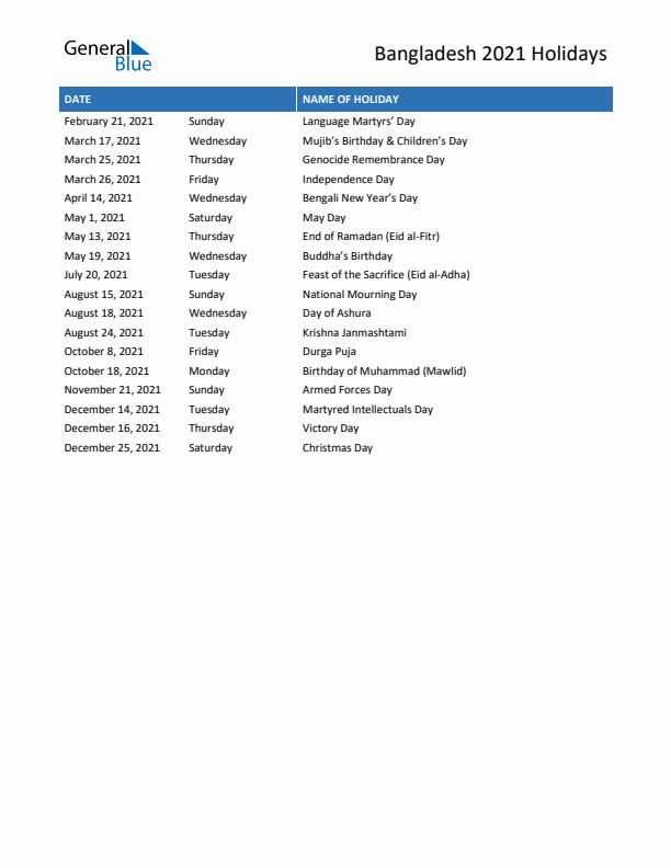 Free printable list of Bangladesh holidays for year 2021