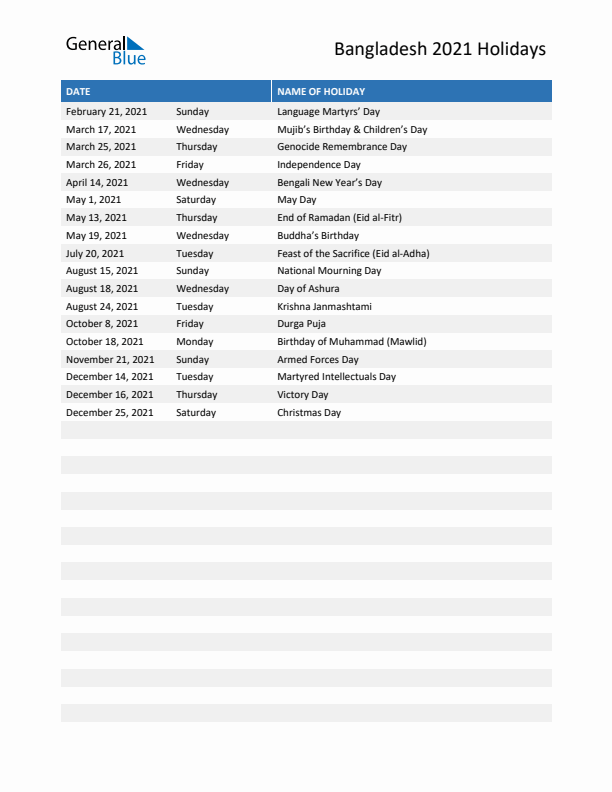 Free printable list of Bangladesh holidays for year 2021