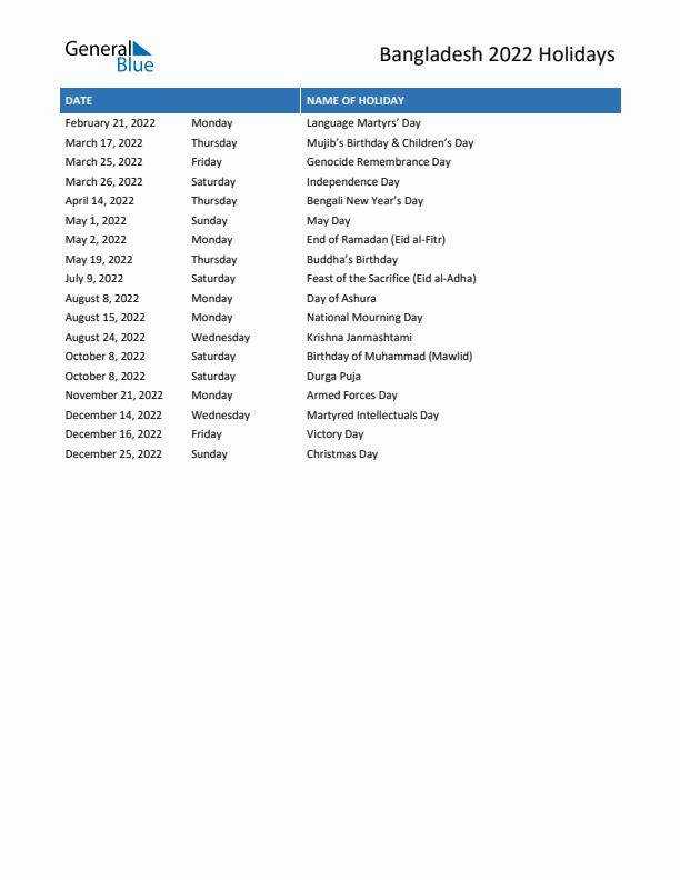 Free printable list of Bangladesh holidays for year 2022