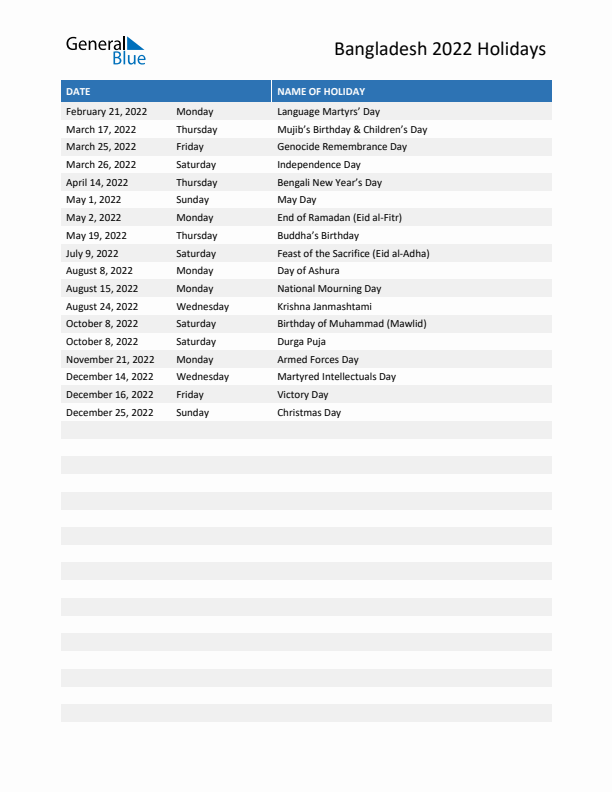 Free printable list of Bangladesh holidays for year 2022