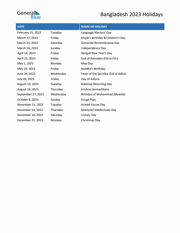 Free printable list of Bangladesh holidays for year 2023