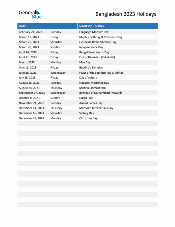 Free printable list of Bangladesh holidays for year 2023