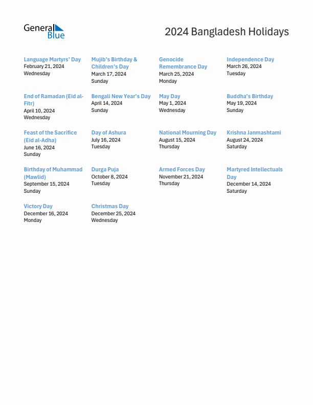 Free printable list of Bangladesh holidays for year 2024