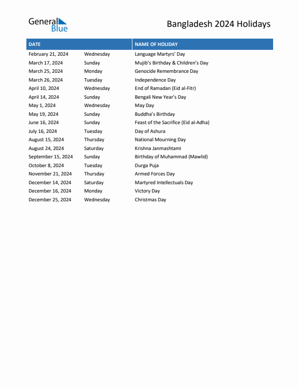 Free printable list of Bangladesh holidays for year 2024