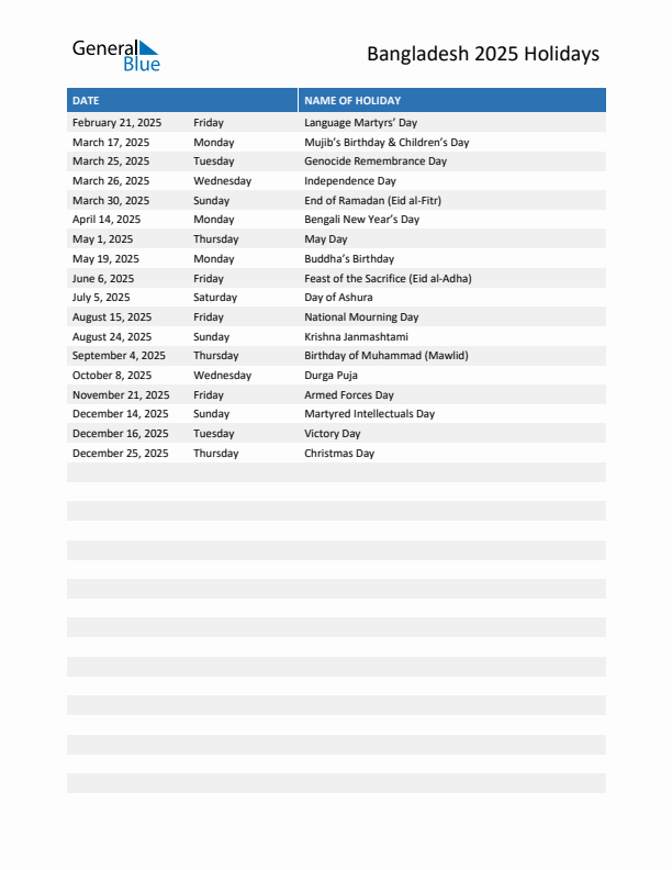 Free printable list of Bangladesh holidays for year 2025