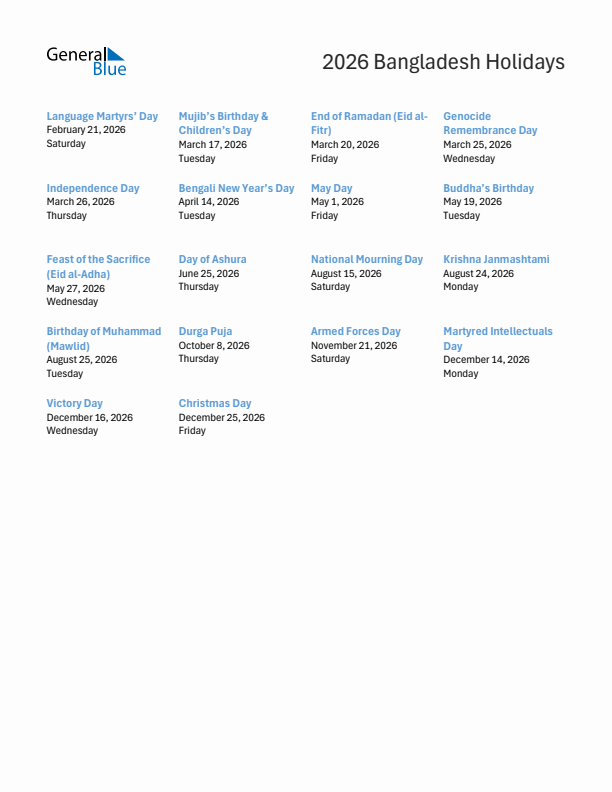 Free printable list of Bangladesh holidays for year 2026