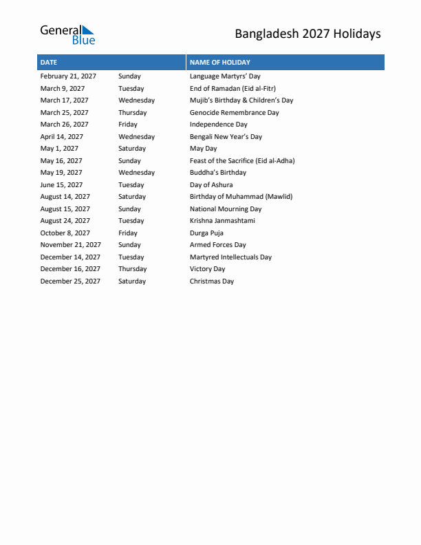 Free printable list of Bangladesh holidays for year 2027