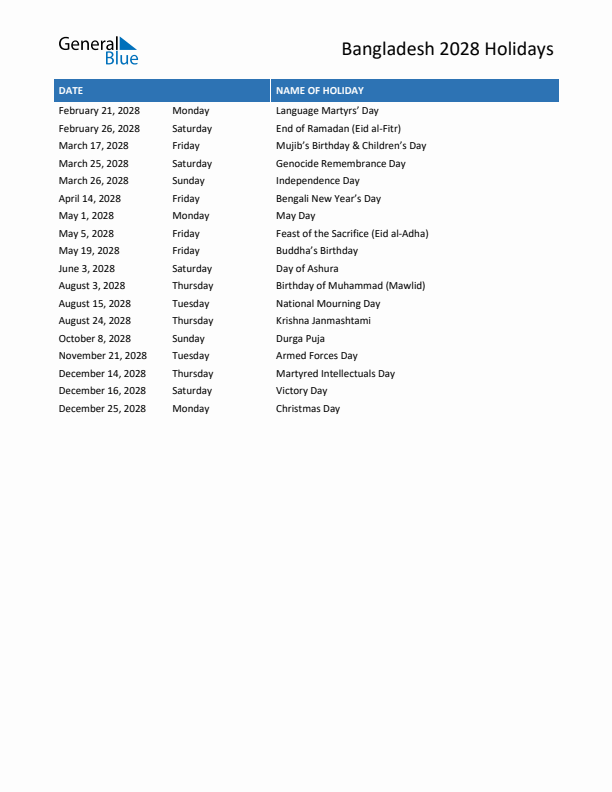 Free printable list of Bangladesh holidays for year 2028