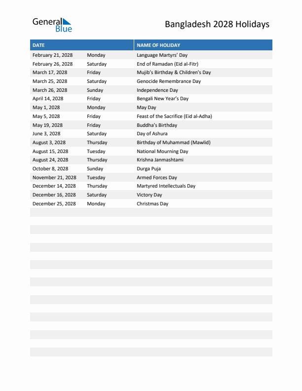 Free printable list of Bangladesh holidays for year 2028