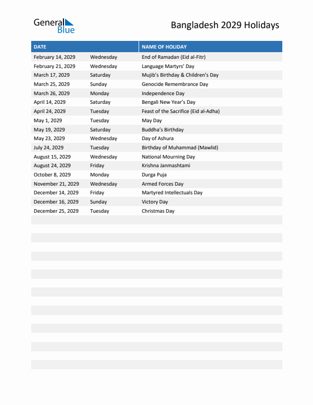 Free printable list of Bangladesh holidays for year 2029