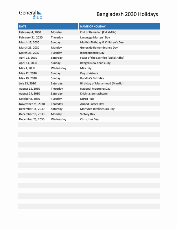 Free printable list of Bangladesh holidays for year 2030