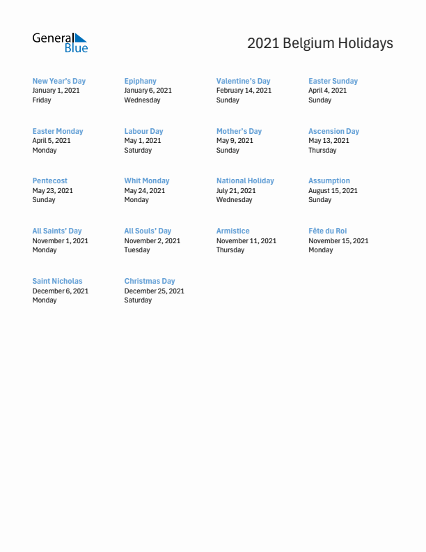 Free printable list of Belgium holidays for year 2021