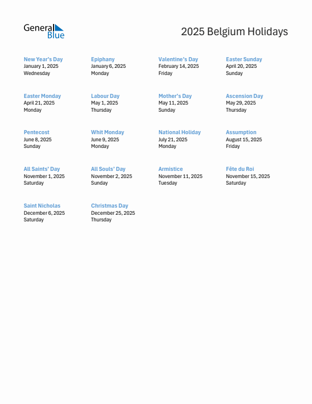 Free printable list of Belgium holidays for year 2025